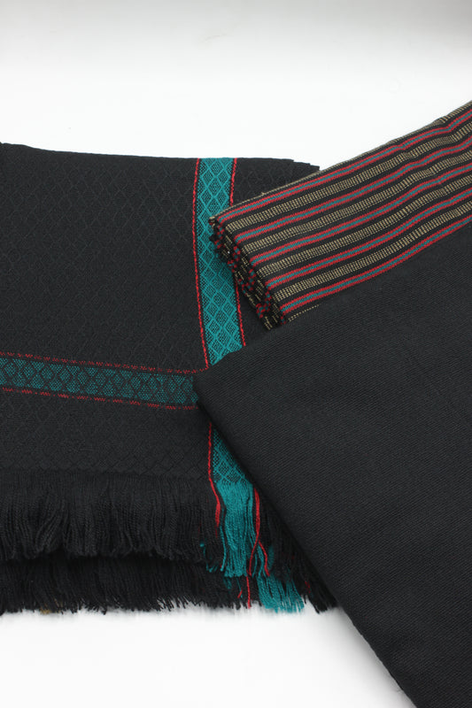 PREMIUM QUALITY BLACK WITH RED PATTERN UNSTITCHED PURE WOOLEN SUIT FOR WOMEN