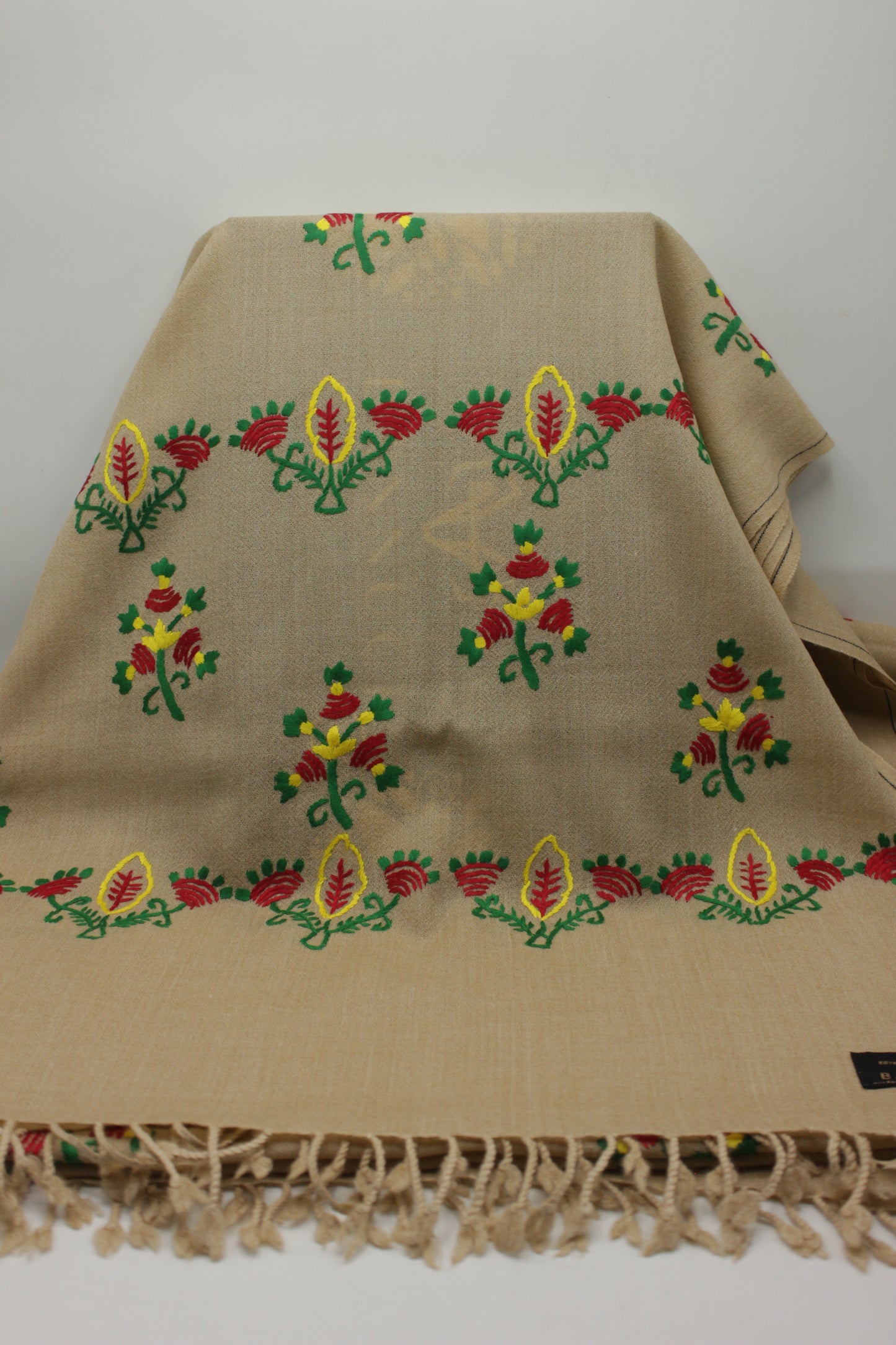 PREMIUM QUALITY LIGHT BEIGE HAND EMBROIDERY WOOLEN SHAWL FOR WOMEN