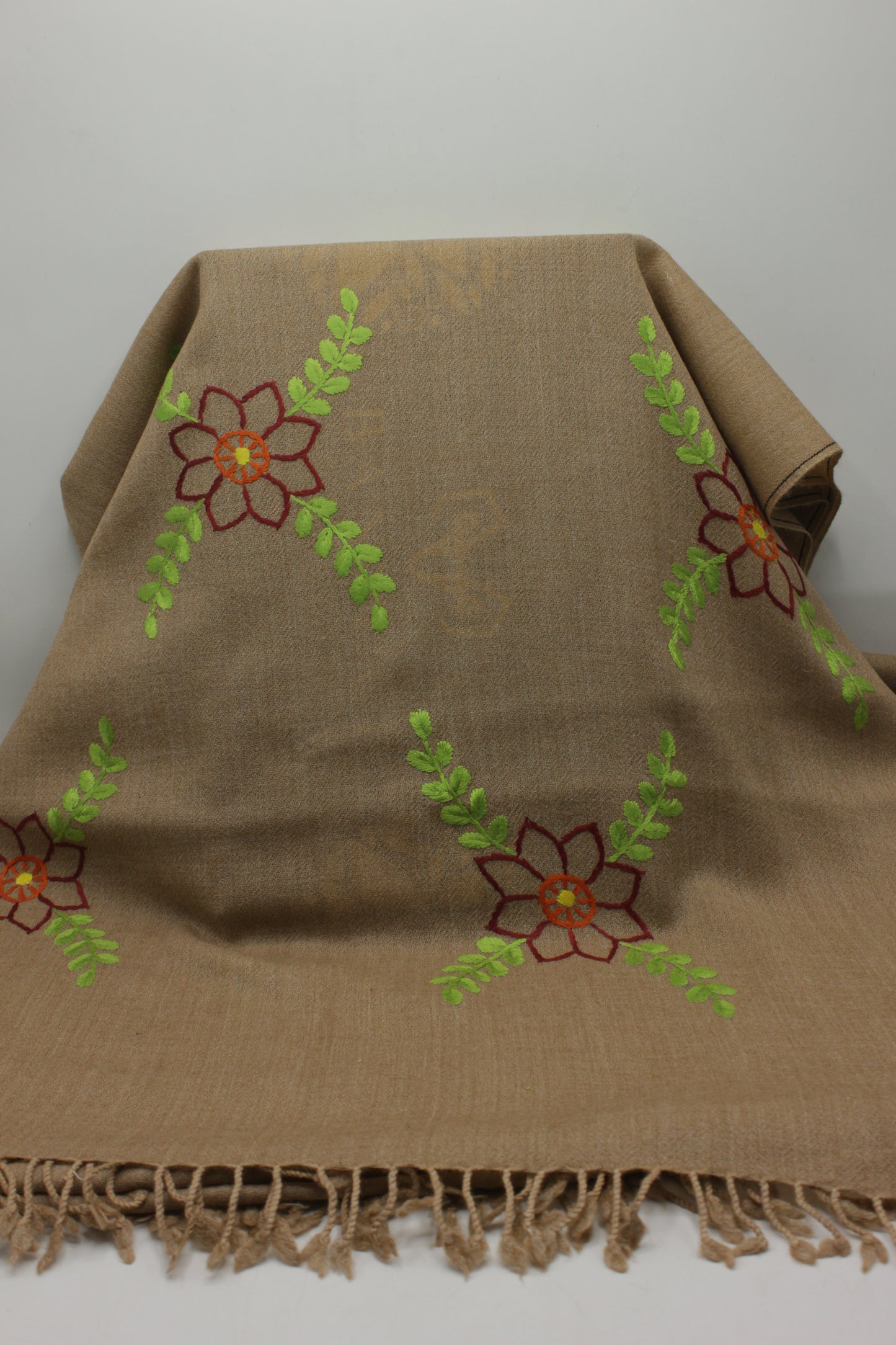 PREMIUM QUALITY LIGHT BROWN EMBROIDERED WOOLEN SHAWL FOR WOMEN