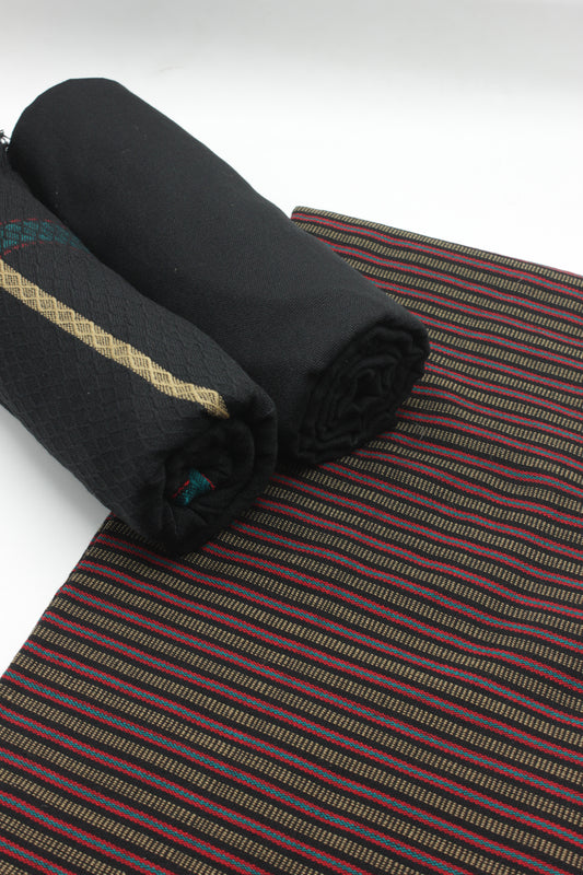 PREMIUM QUALITY BLACK WITH RED PATTERN UNSTITCHED PURE WOOLEN SUIT FOR WOMEN