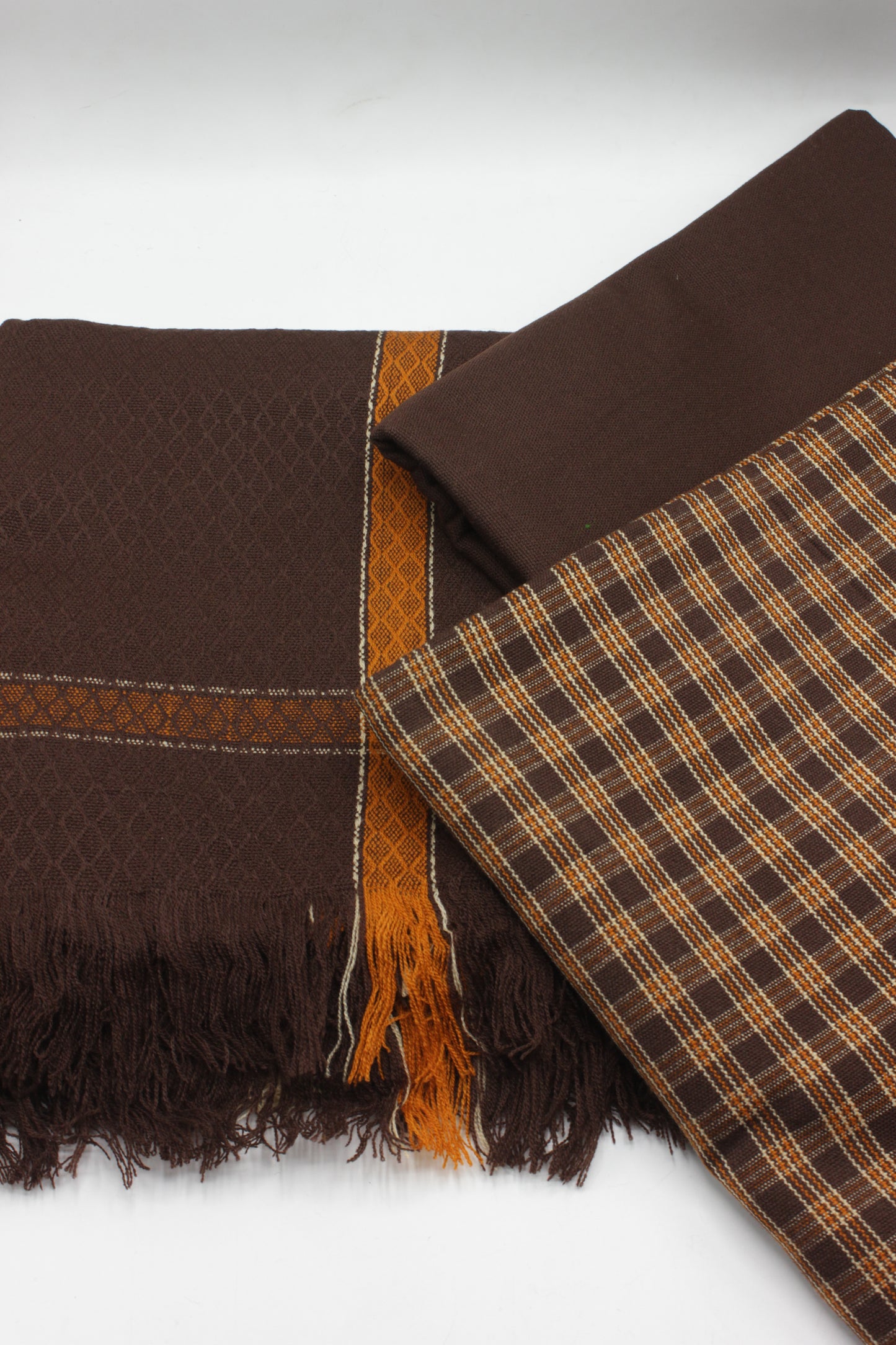 PREMIUM QUALITY BROWN WITH ORANGE PATTERN UNSTITCHED PURE WOOLEN SUIT FOR WOMEN