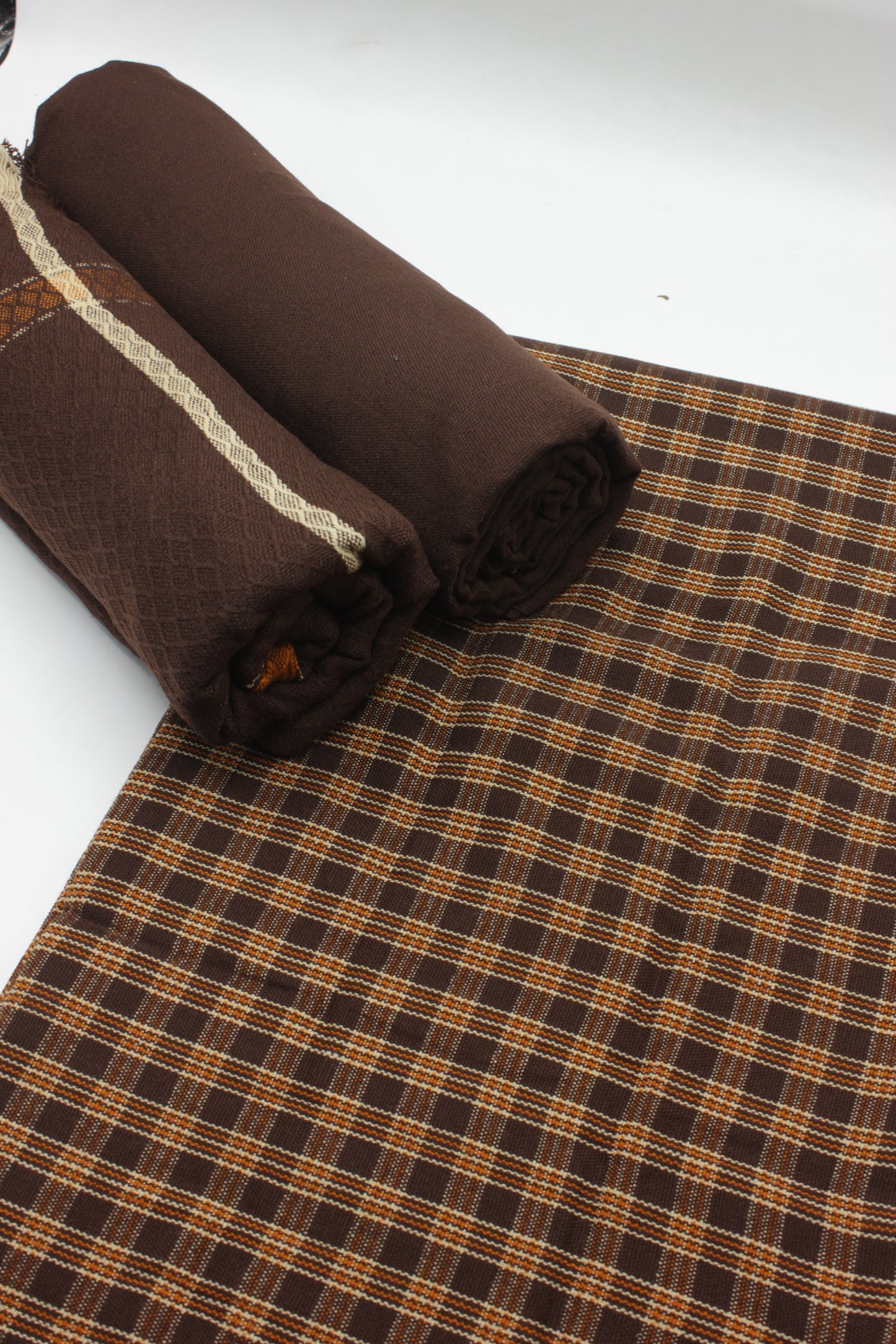 PREMIUM QUALITY BROWN WITH ORANGE PATTERN UNSTITCHED PURE WOOLEN SUIT FOR WOMEN