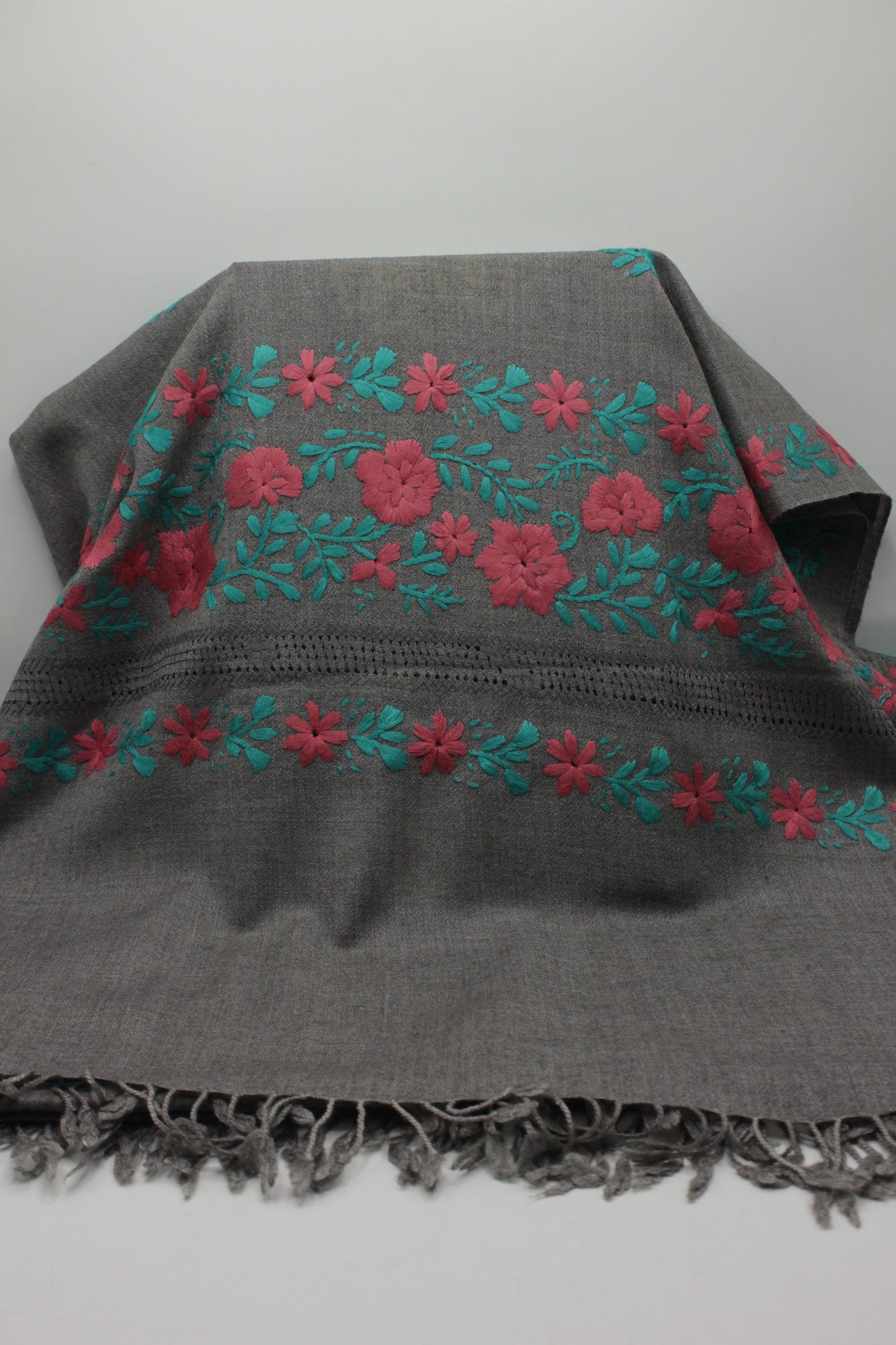 PREMIUM QUALITY GRAY HAND  EMBROIDERY WOOLEN SHAWL FOR WOMEN