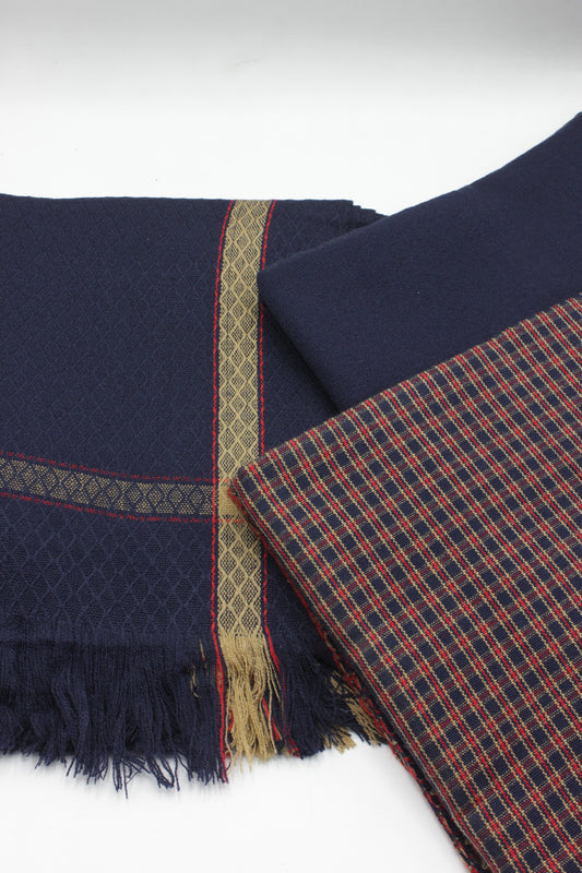 PREMIUM QUALITY NAVY BLUE WITH MULTI COLOR UNSTITCHED PURE WOOLEN SUIT FOR WOMEN