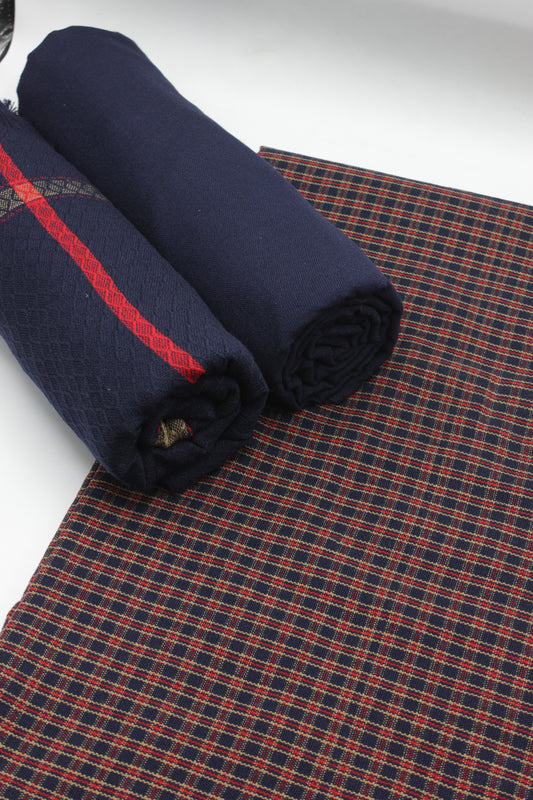 PREMIUM QUALITY NAVY BLUE WITH MULTI COLOR UNSTITCHED PURE WOOLEN SUIT FOR WOMEN