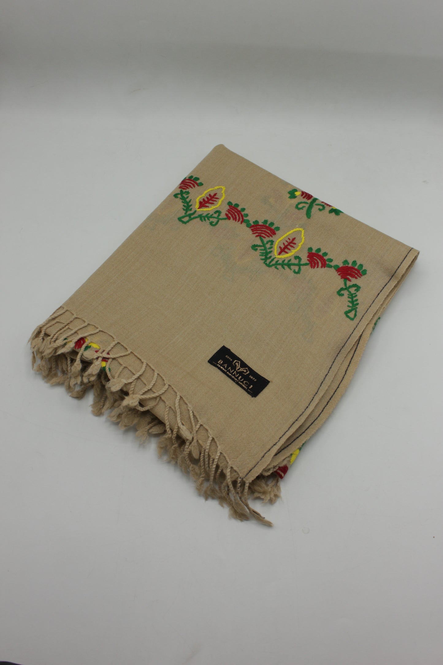 PREMIUM QUALITY LIGHT BEIGE HAND  EMBROIDERY WOOLEN SHAWL FOR WOMEN