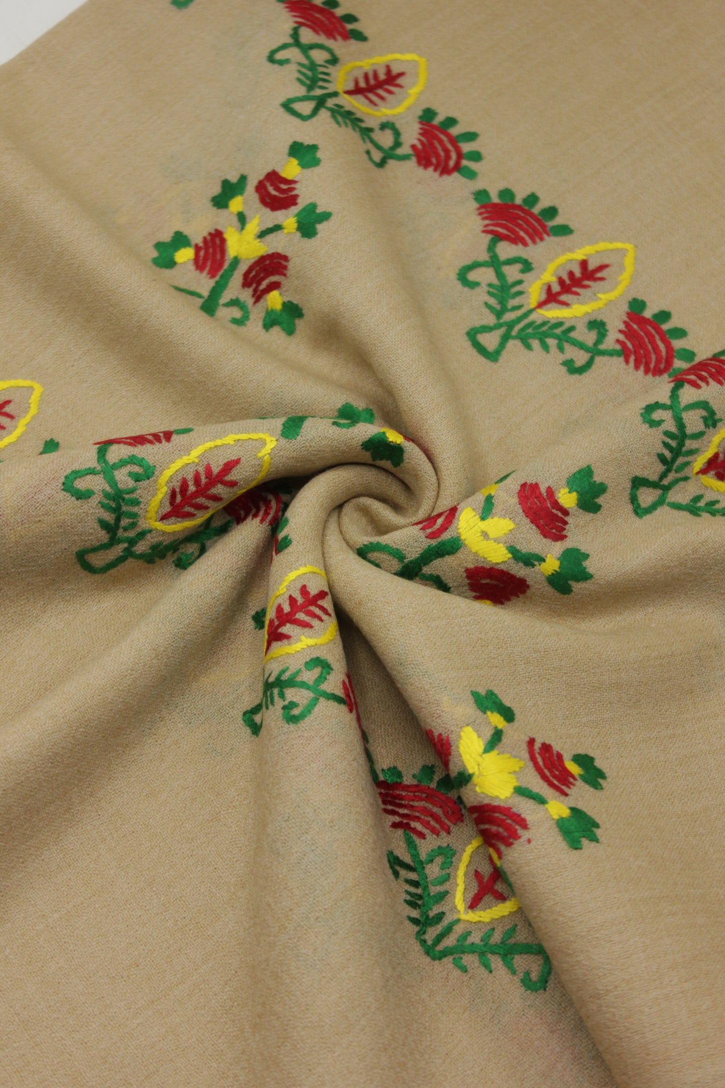 PREMIUM QUALITY LIGHT BEIGE HAND  EMBROIDERY WOOLEN SHAWL FOR WOMEN