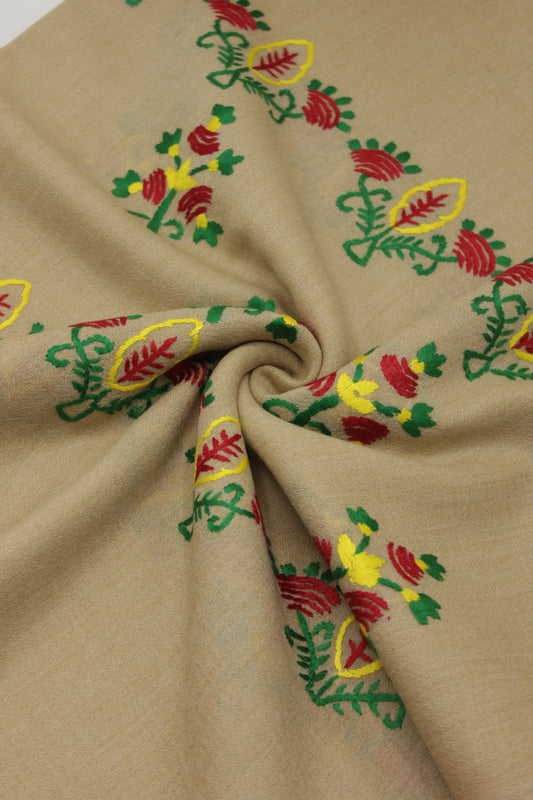 PREMIUM QUALITY LIGHT BEIGE HAND  EMBROIDERY WOOLEN SHAWL FOR WOMEN