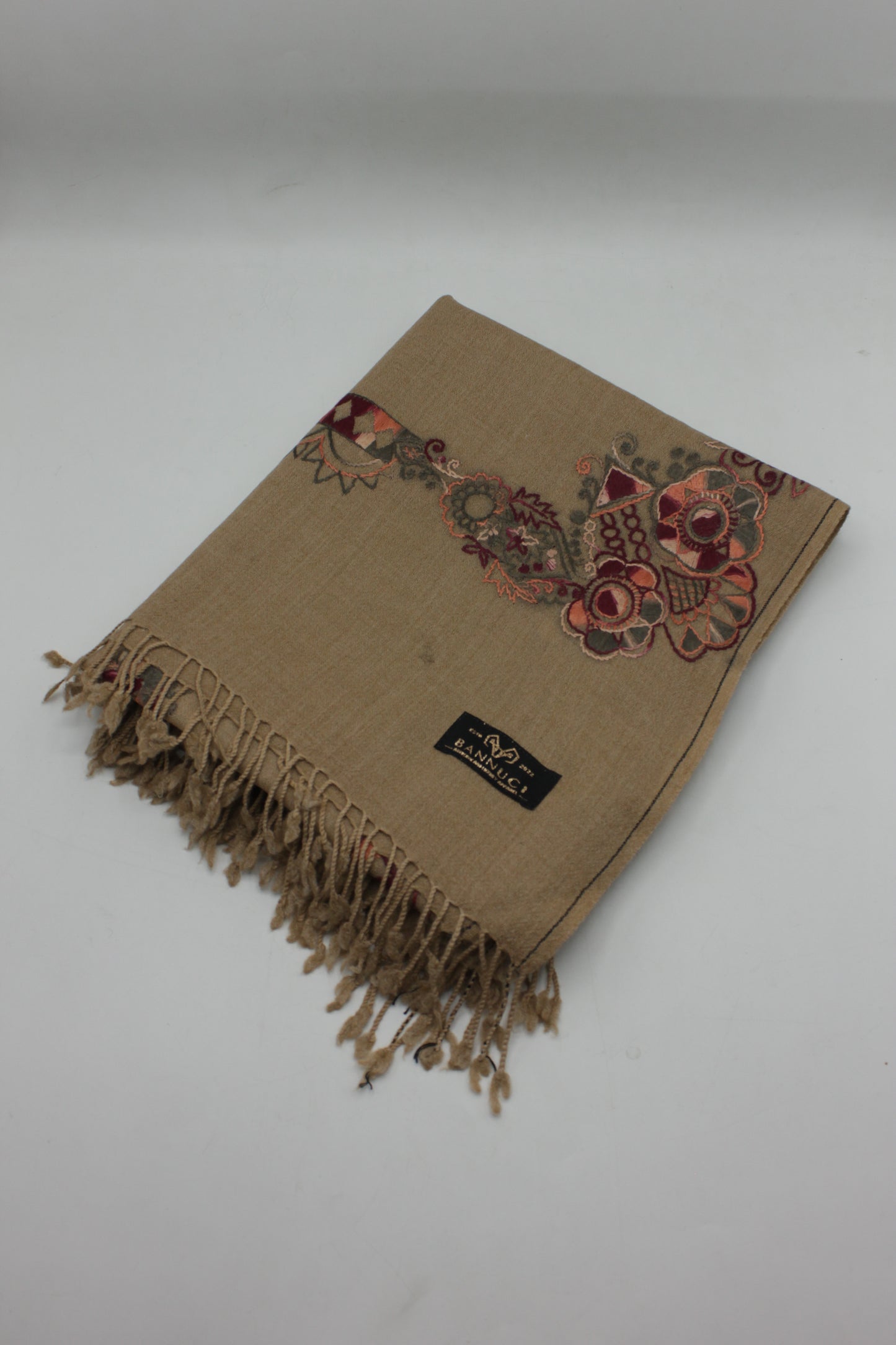 PREMIUM QUALITY LIGHT BROWN EMBROIDERED WOOLEN SHAWL FOR WOMEN