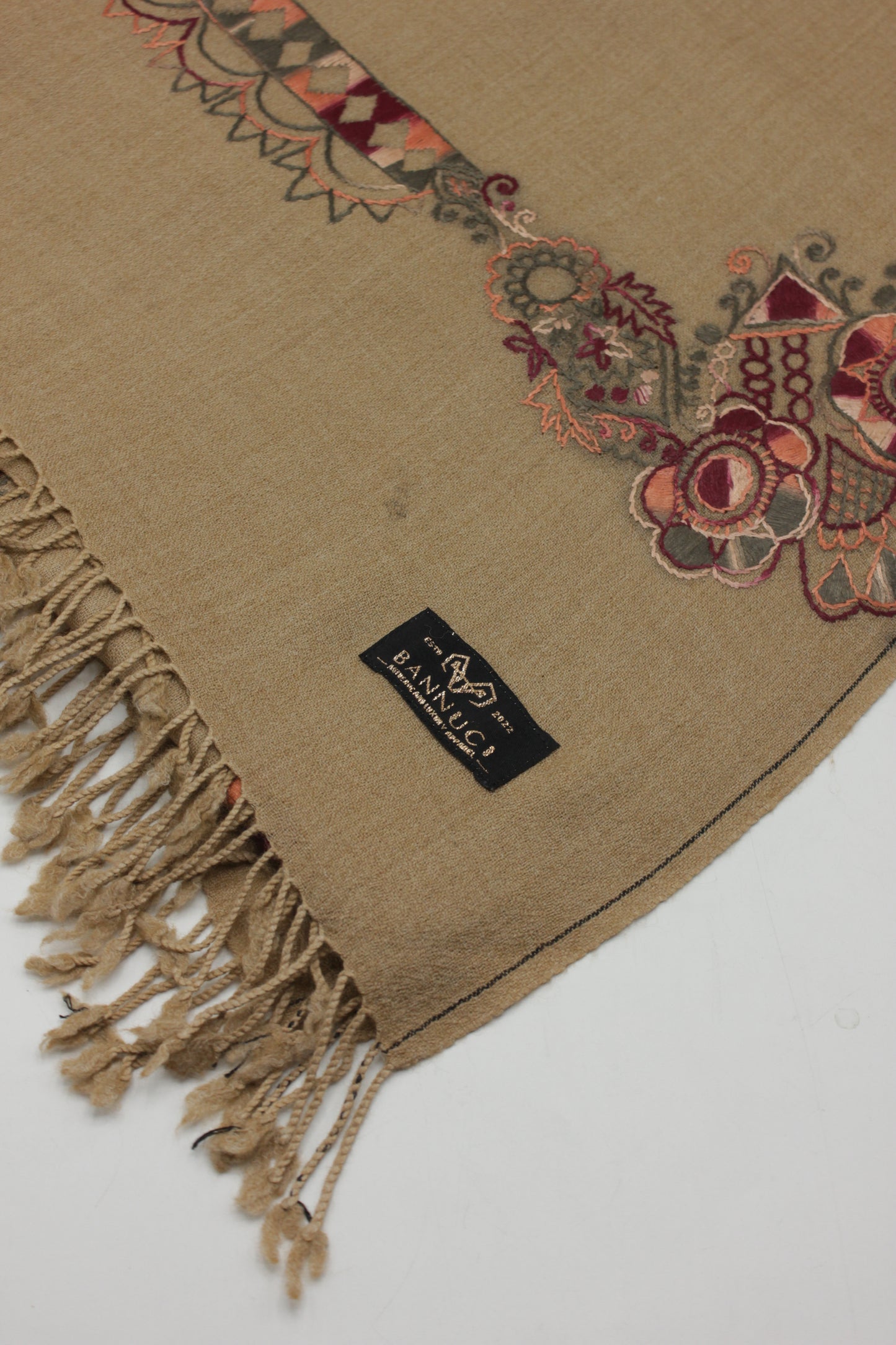 PREMIUM QUALITY LIGHT BROWN EMBROIDERED WOOLEN SHAWL FOR WOMEN