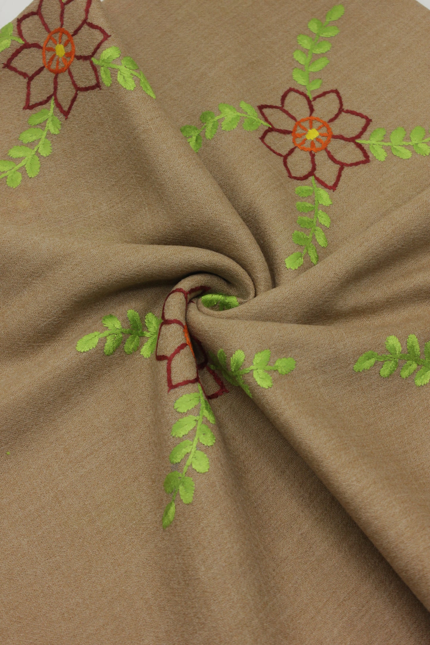 PREMIUM QUALITY LIGHT BROWN  EMBROIDERED WOOLEN SHAWL FOR WOMEN