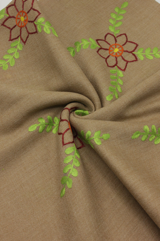 PREMIUM QUALITY LIGHT BROWN  EMBROIDERED WOOLEN SHAWL FOR WOMEN