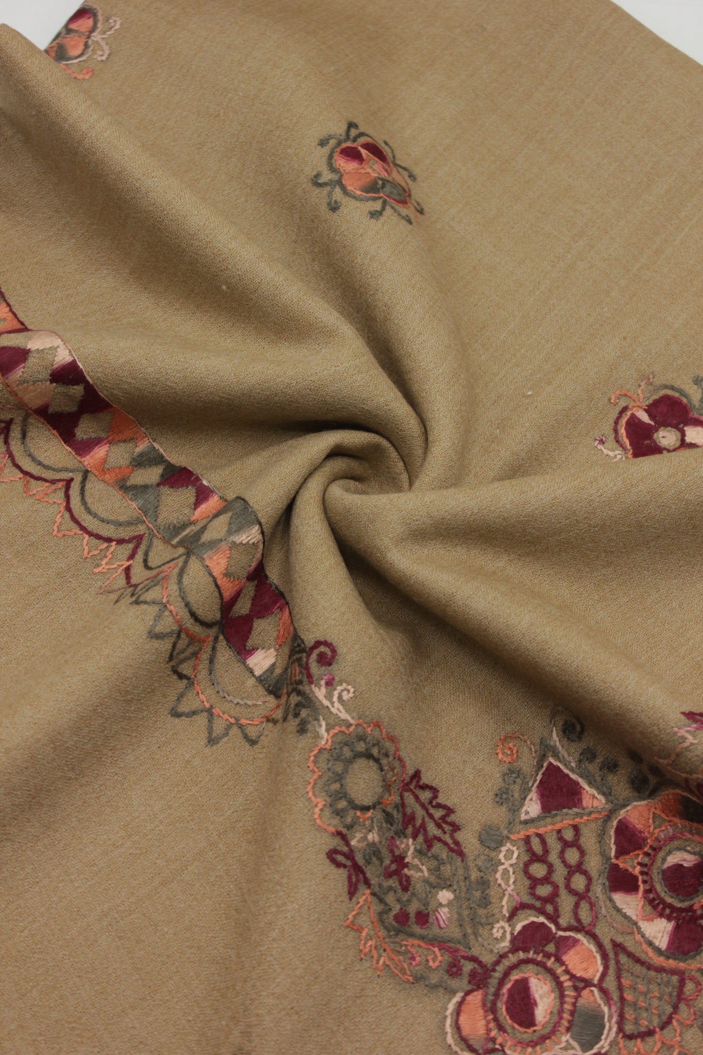PREMIUM QUALITY LIGHT BROWN EMBROIDERED WOOLEN SHAWL FOR WOMEN