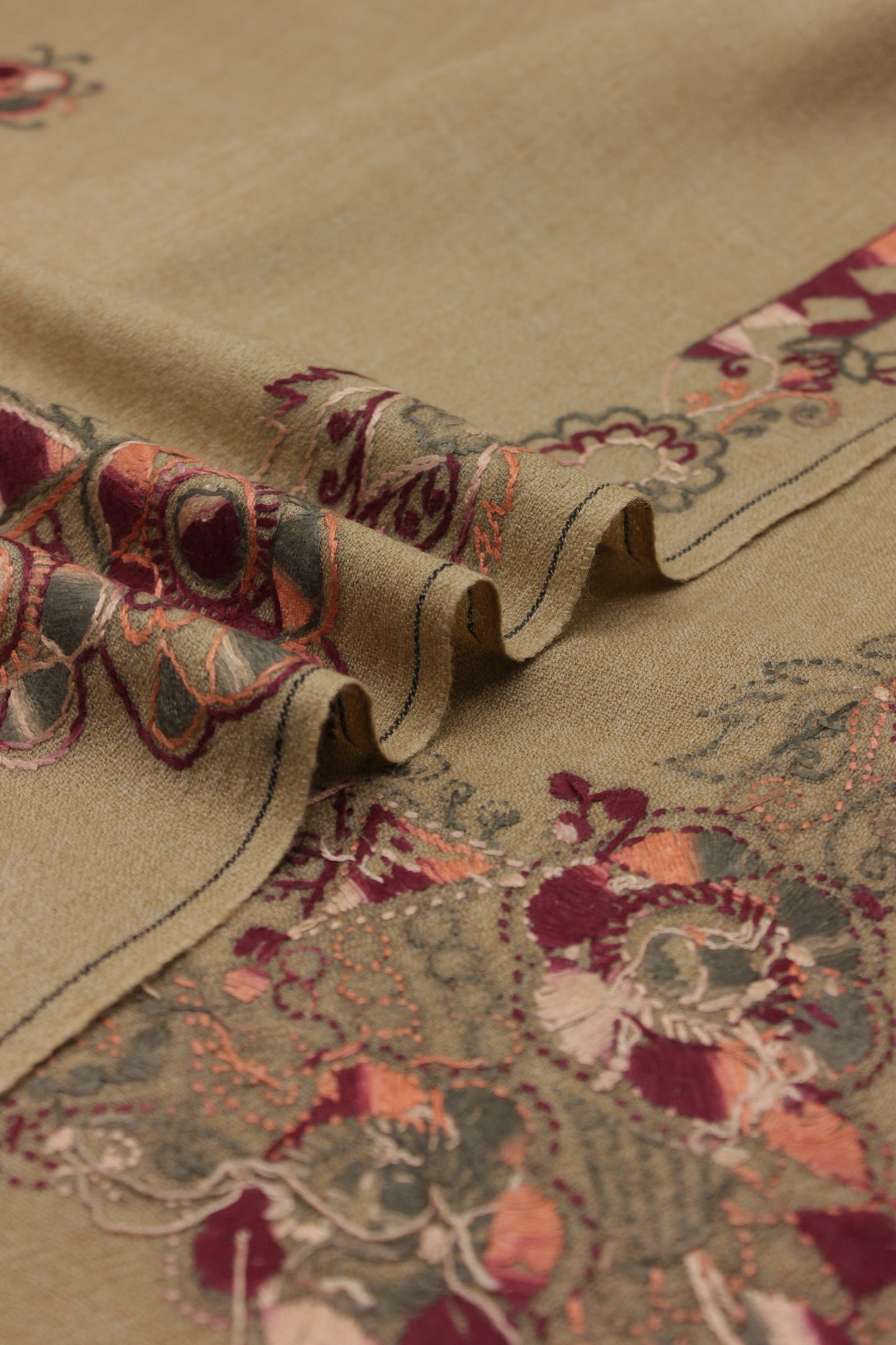 PREMIUM QUALITY LIGHT BROWN EMBROIDERED WOOLEN SHAWL FOR WOMEN