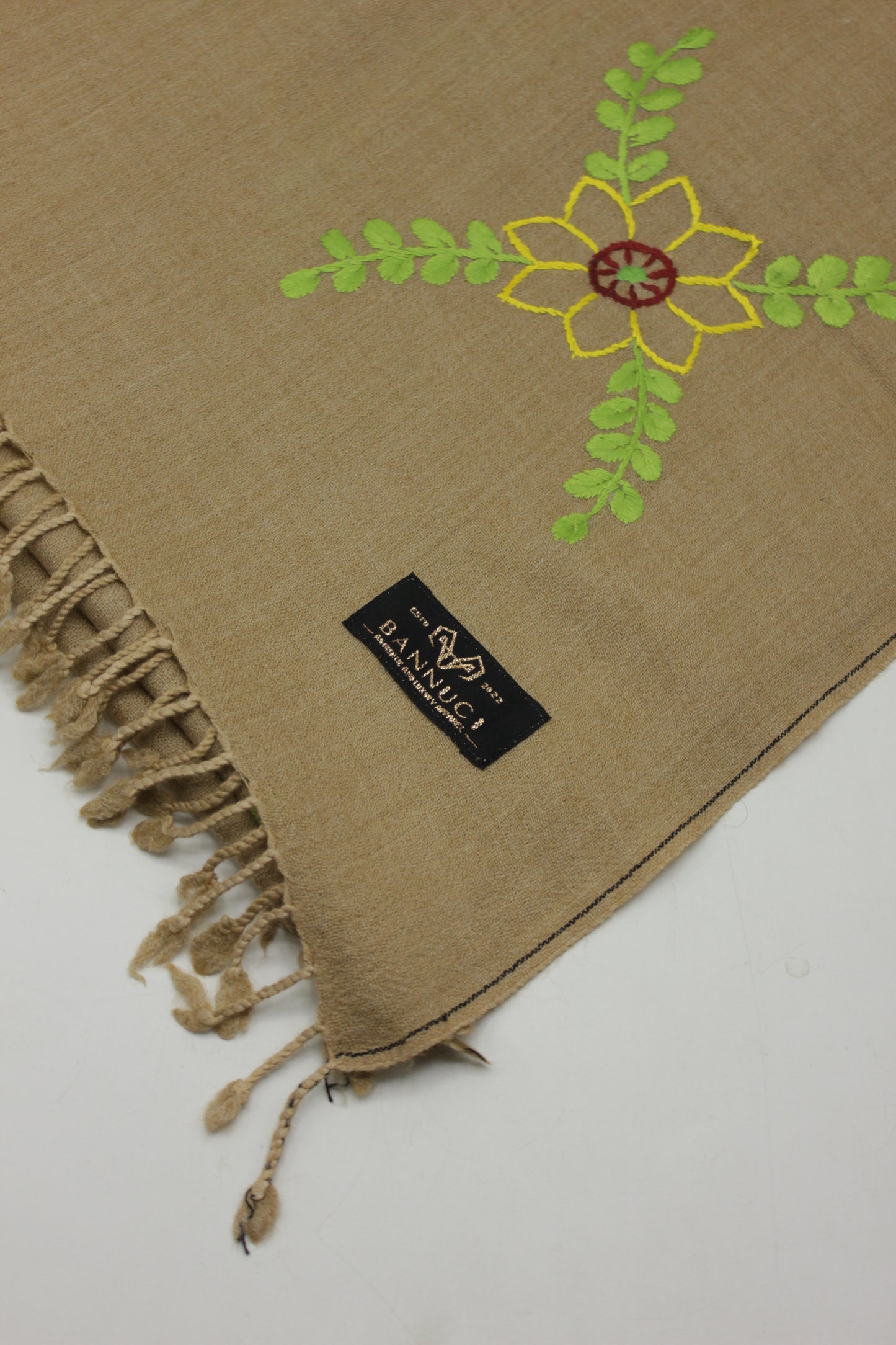 PREMIUM QUALITY LIGHT BROWN HAND  EMBROIDERY WOOLEN SHAWL FOR WOMEN