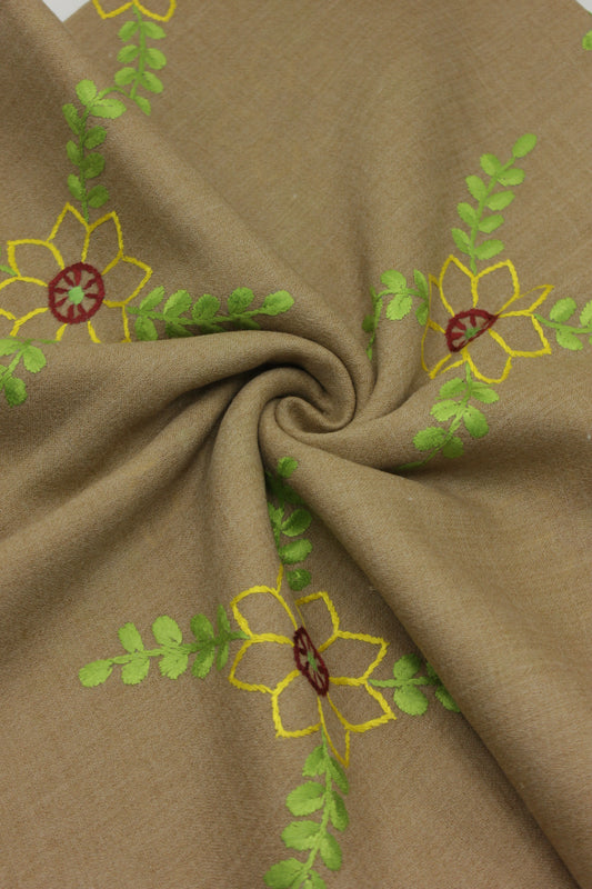 PREMIUM QUALITY LIGHT BROWN HAND  EMBROIDERY WOOLEN SHAWL FOR WOMEN