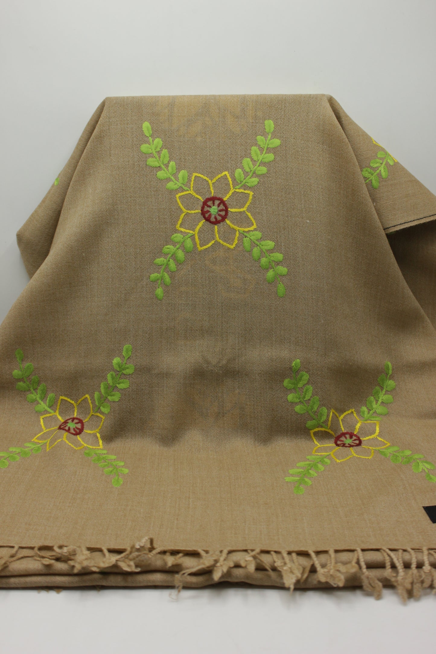 PREMIUM QUALITY LIGHT BROWN HAND  EMBROIDERY WOOLEN SHAWL FOR WOMEN