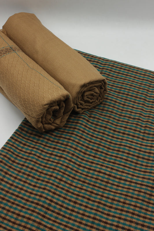 PREMIUM QUALITY MUSTARD WITH GREEN PATTERN UNSTITCHED PURE WOOLEN SUIT FOR WOMEN