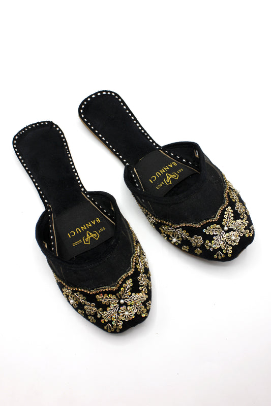 Premium Quality Back less Black Net Embellished Khussas