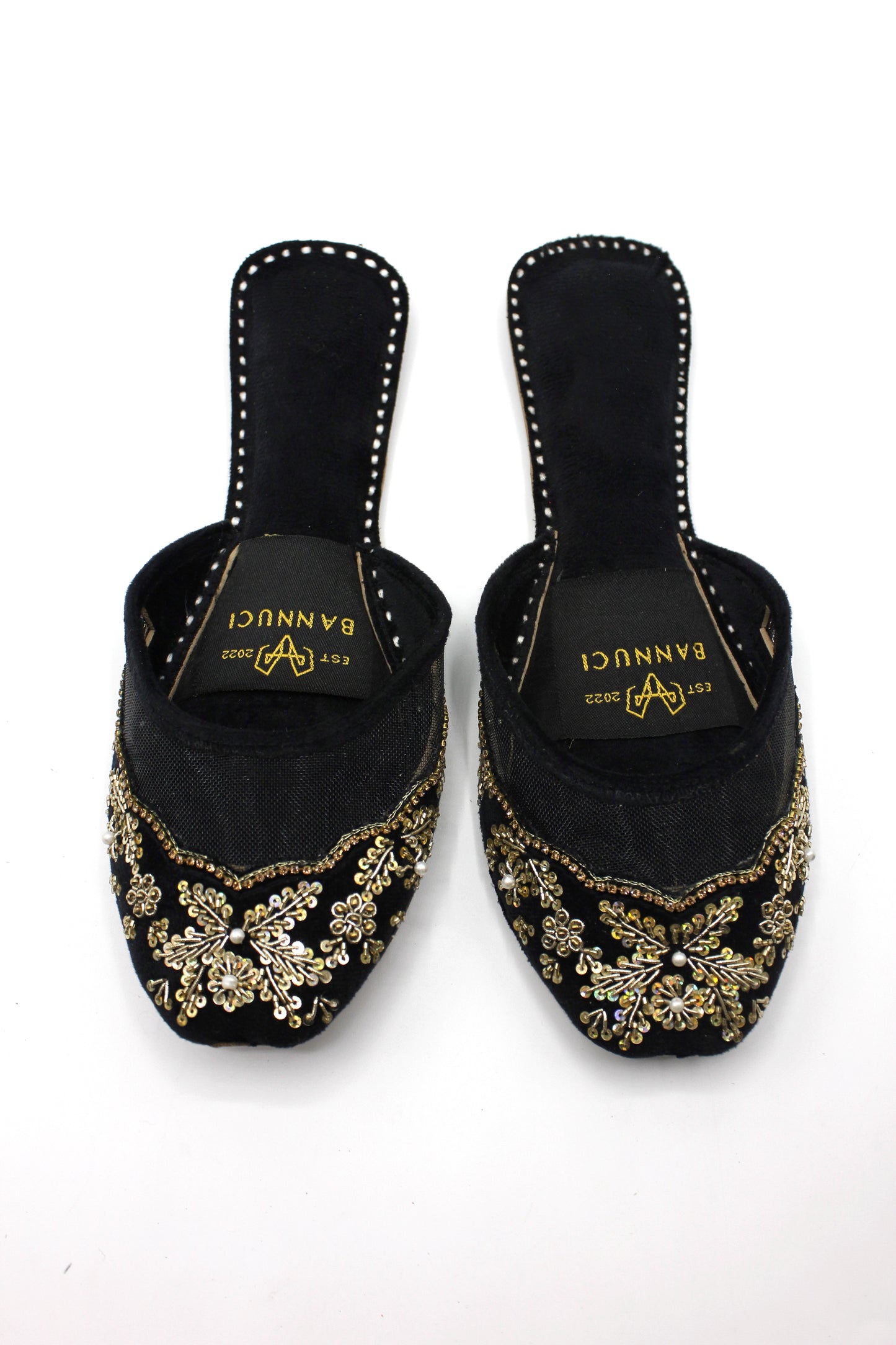 Premium Quality Back less Black Net Embellished Khussas