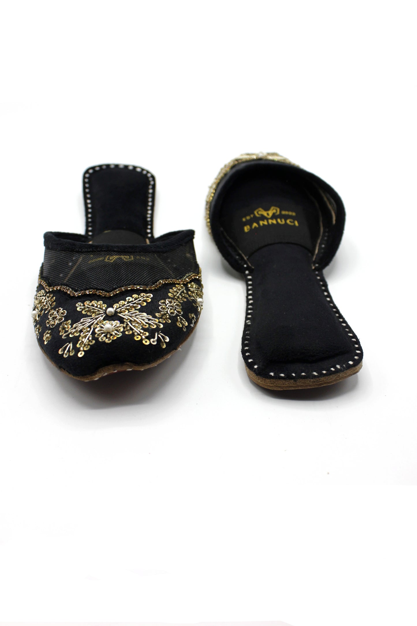 Premium Quality Back less Black Net Embellished Khussas