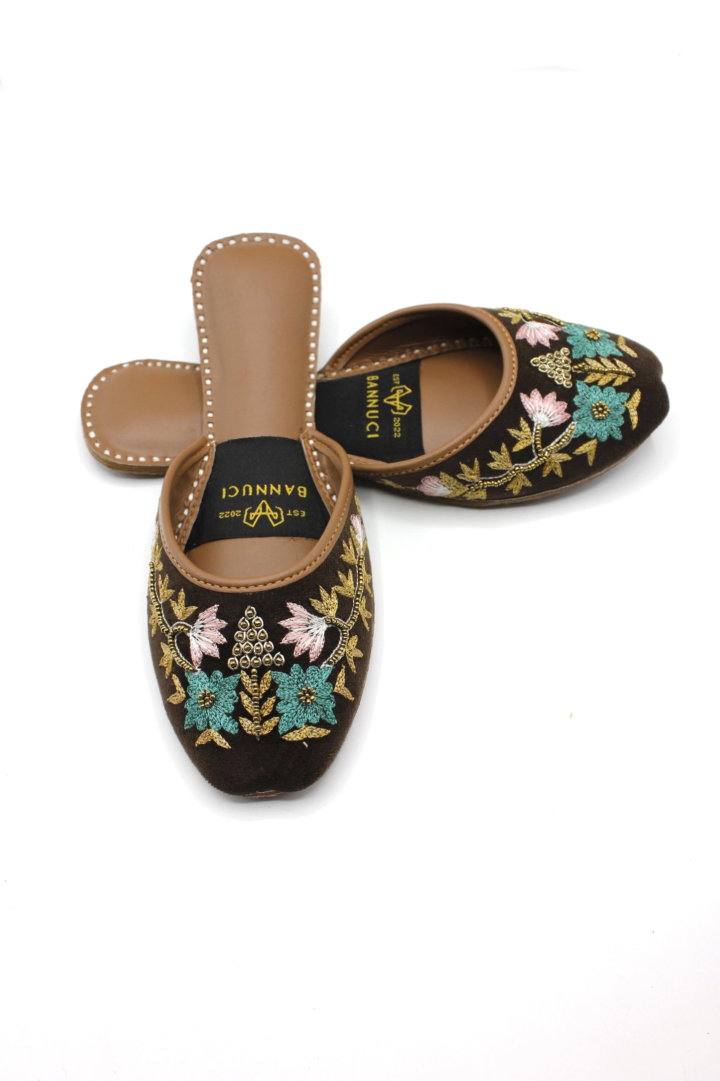 Premium Quality Back less Dark Brown Multi Color Embroidered Khussas