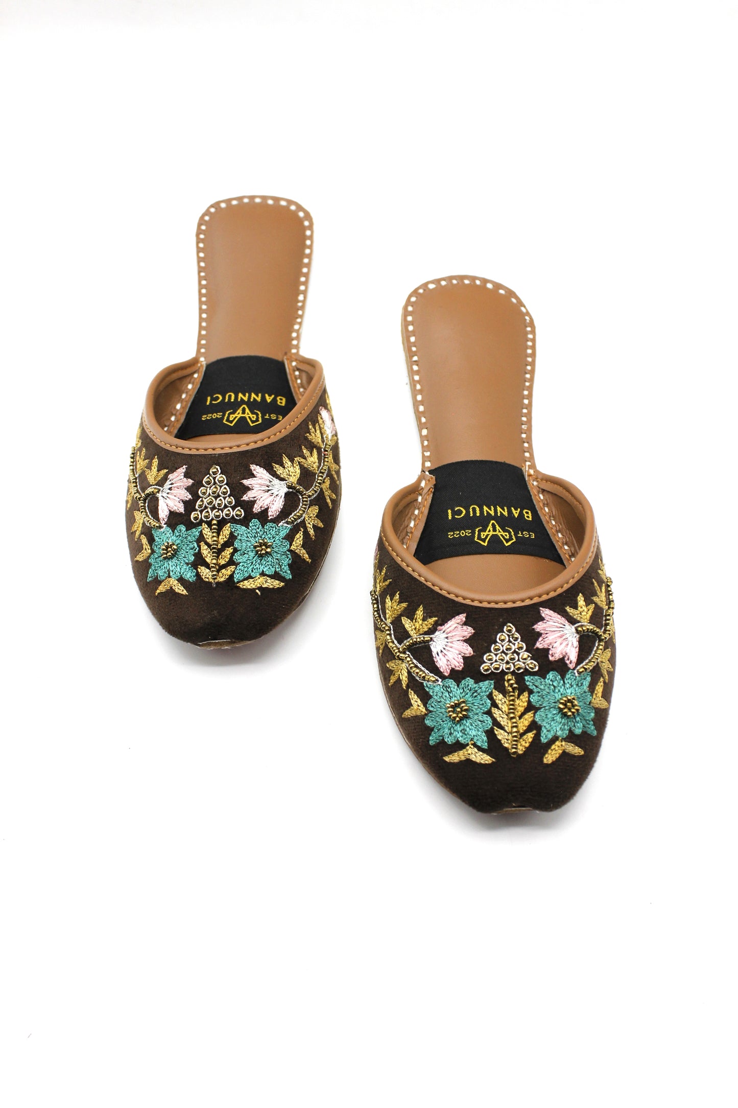 Premium Quality Back less Dark Brown Multi Color Embroidered Khussas