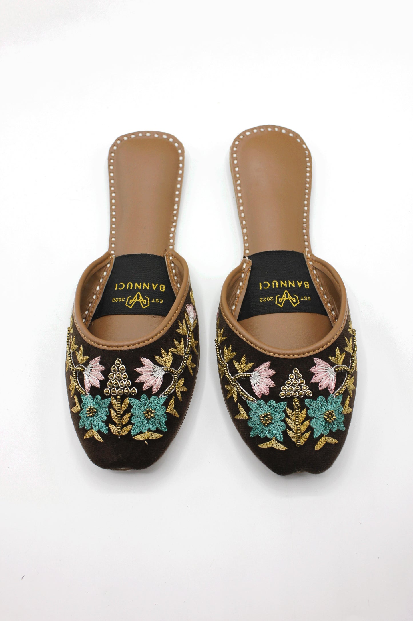 Premium Quality Back less Dark Brown Multi Color Embroidered Khussas