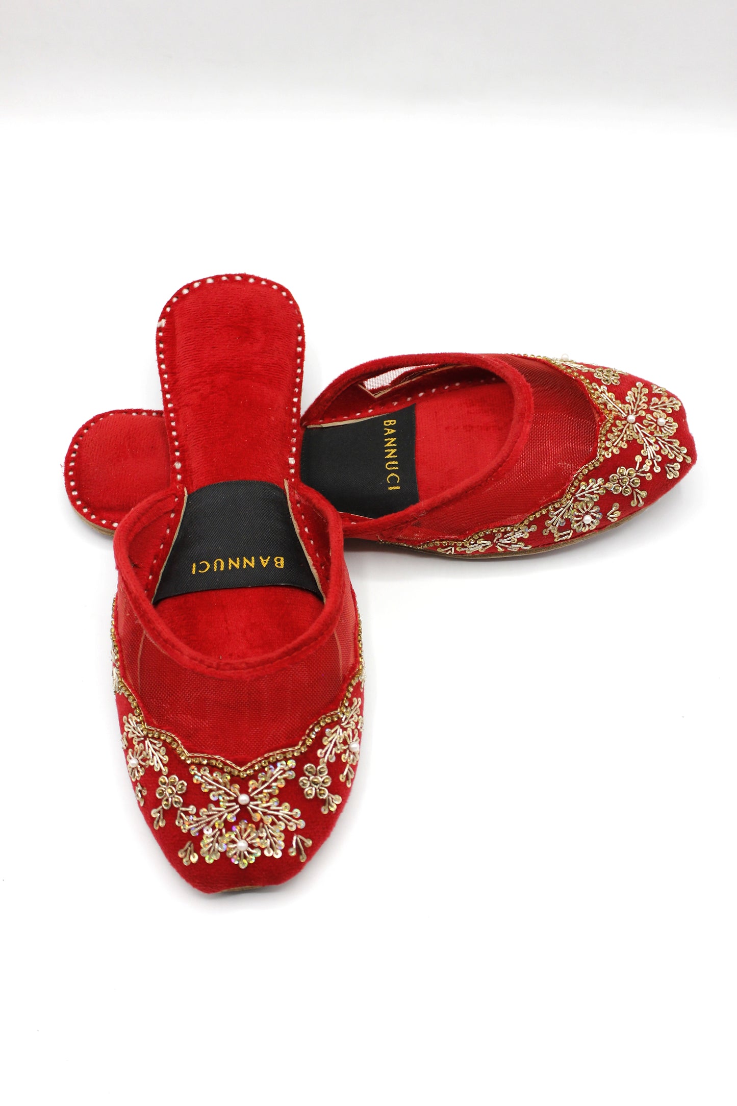 Premium Quality Back less Red Net Embellished Khussas