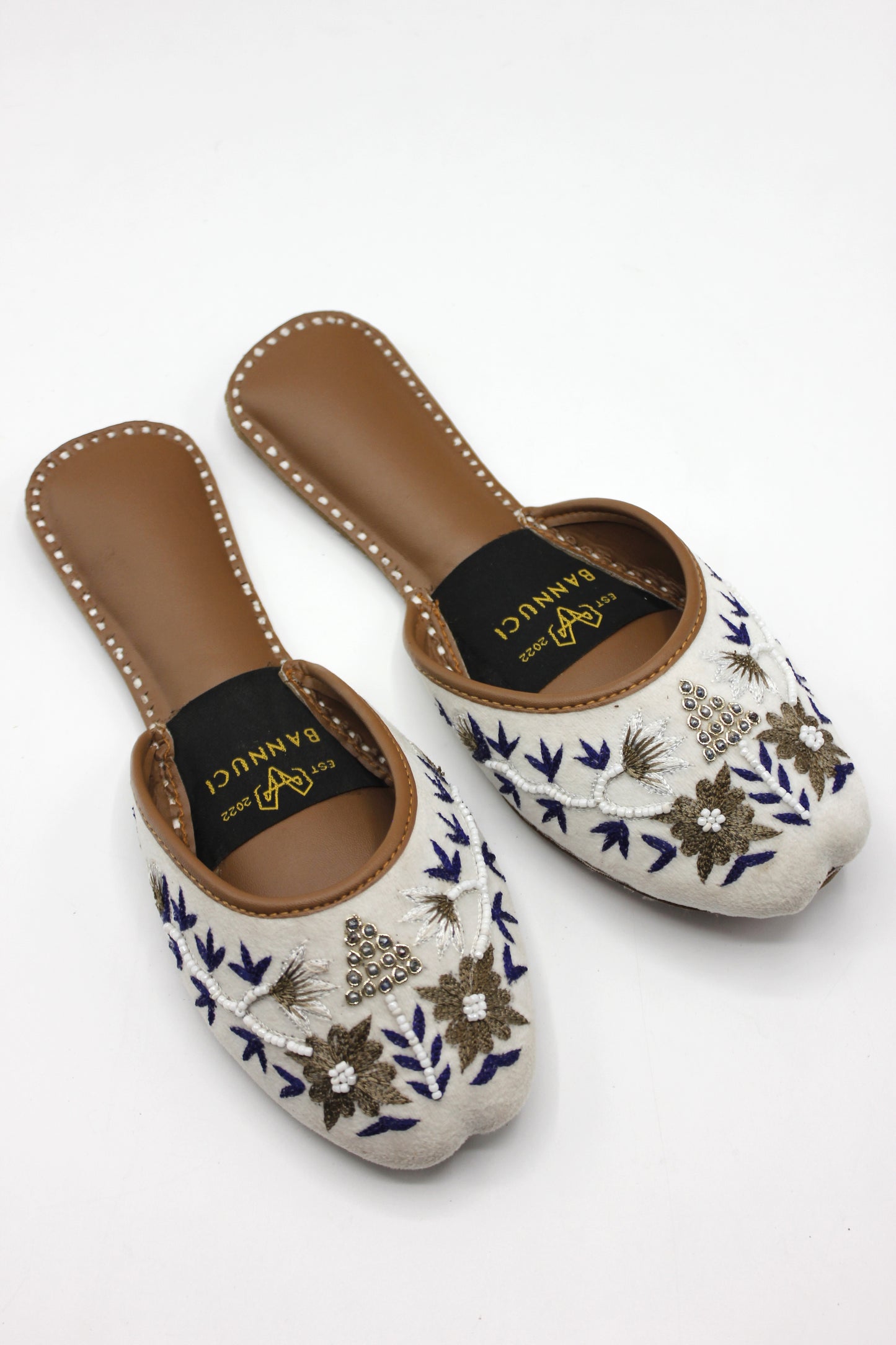 Premium Quality Back less White Multi Color Pearl Embroidered Khussas