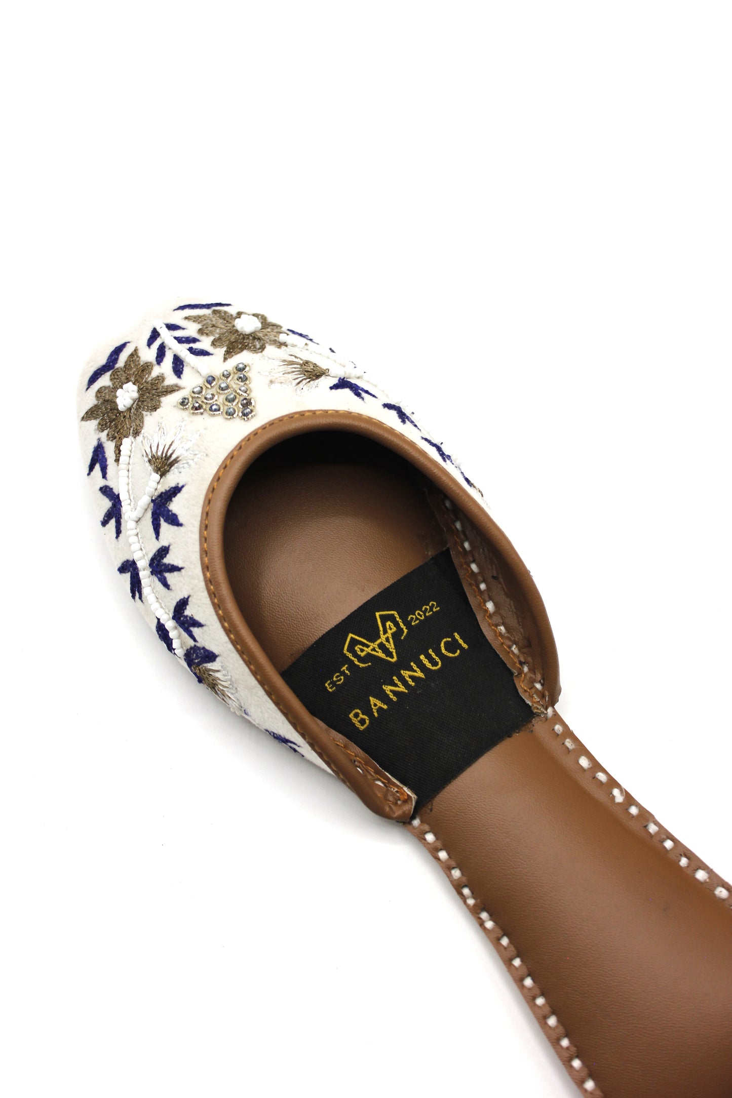 Premium Quality Back less White Multi Color Pearl Embroidered Khussas