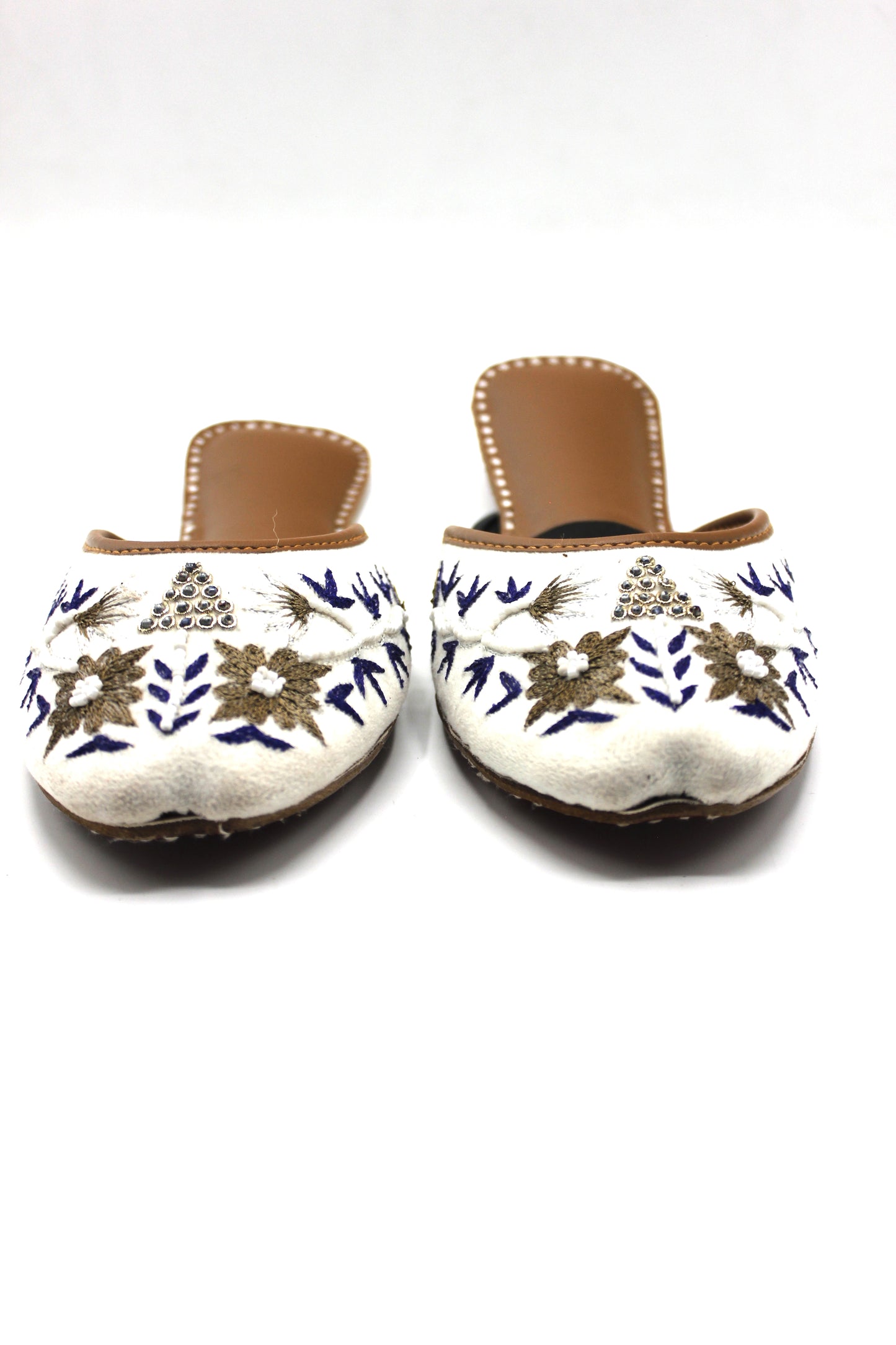 Premium Quality Back less White Multi Color Pearl Embroidered Khussas