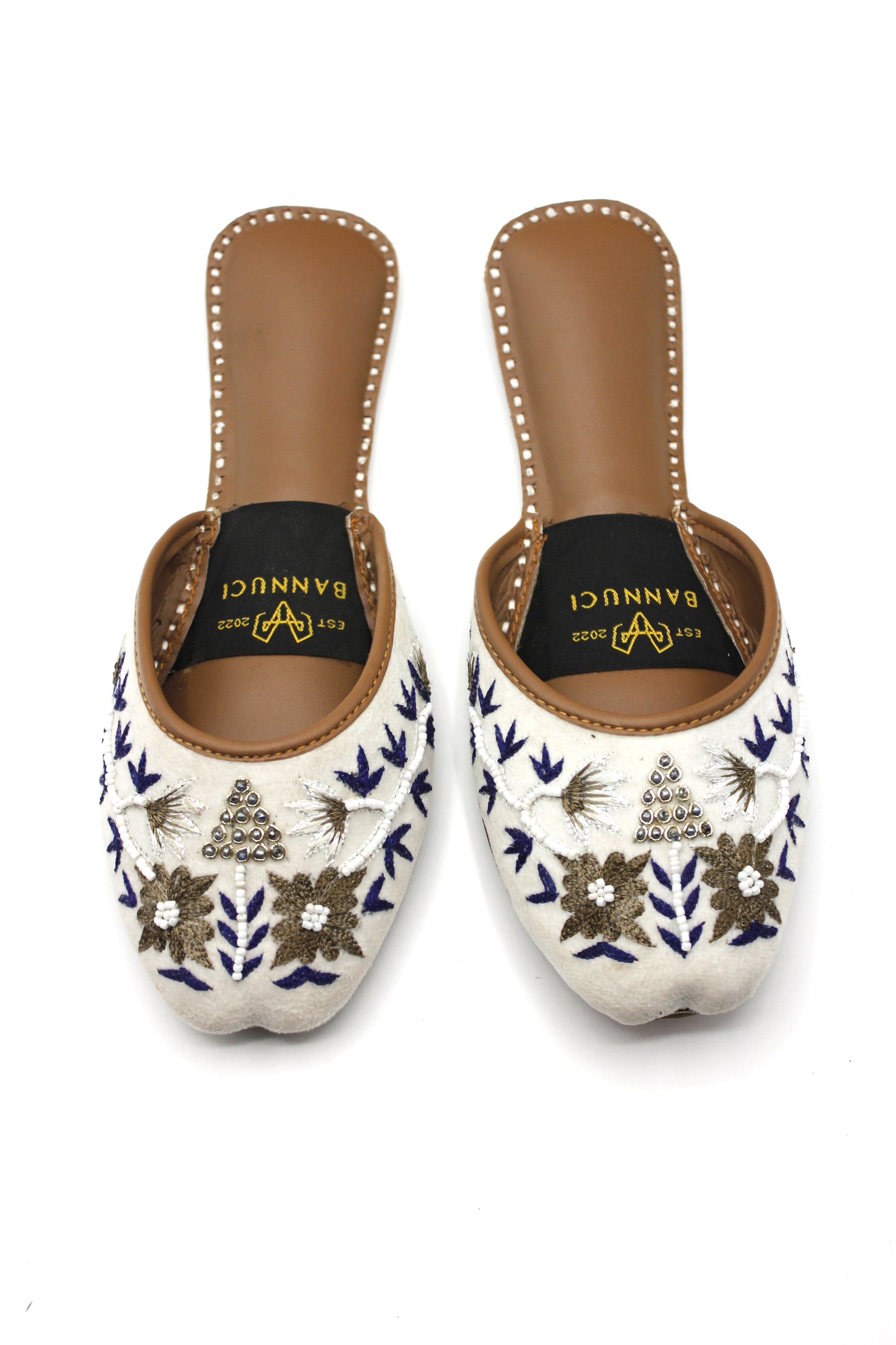 Premium Quality Back less White Multi Color Pearl Embroidered Khussas