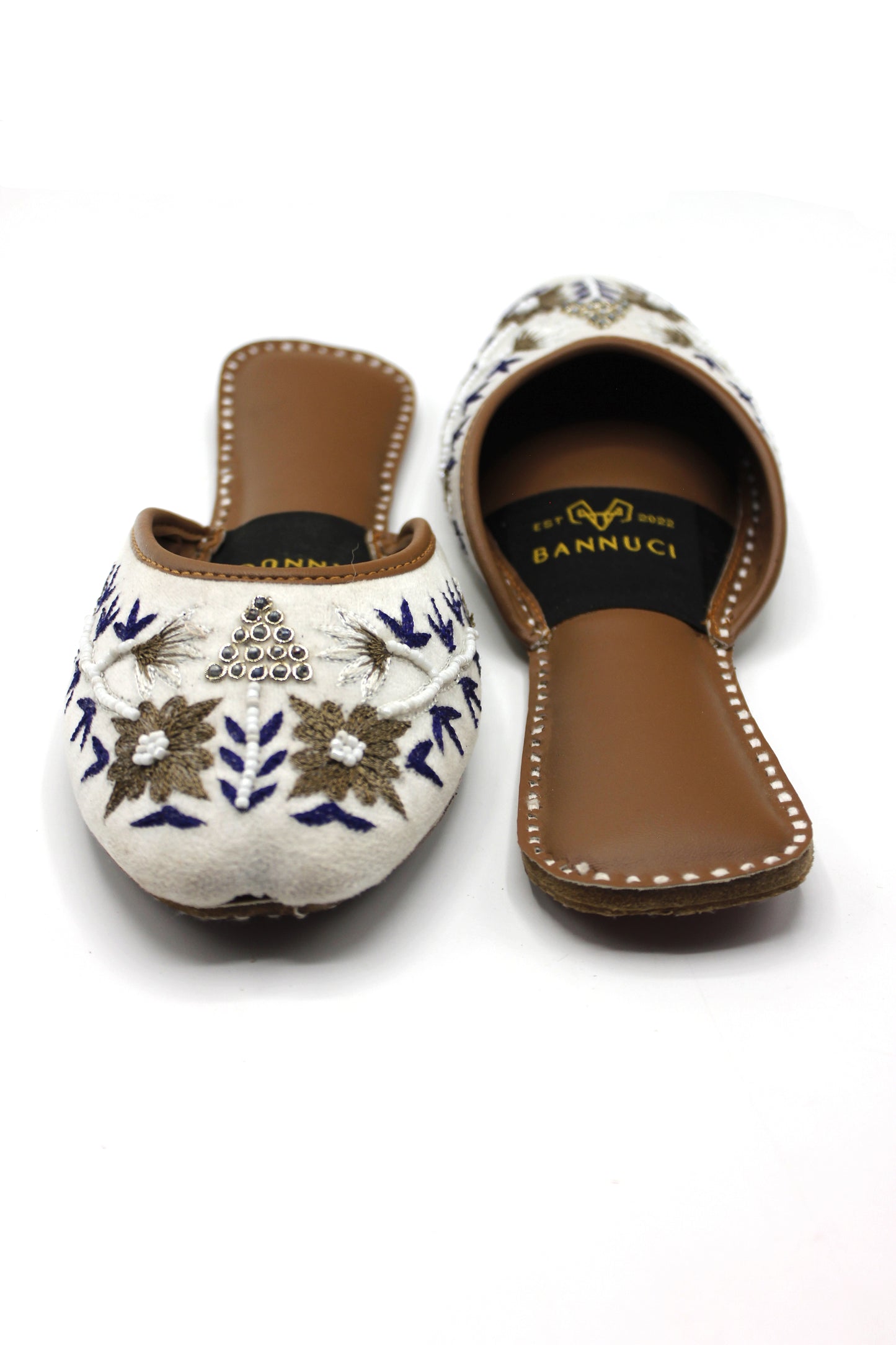 Premium Quality Back less White Multi Color Pearl Embroidered Khussas