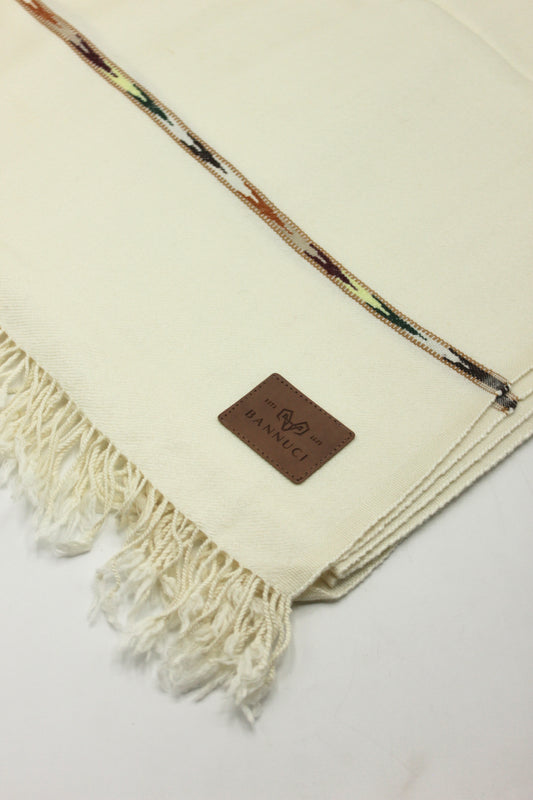 Premium Quality Off White Black Border Pure Woolen Shawl By Bannuci