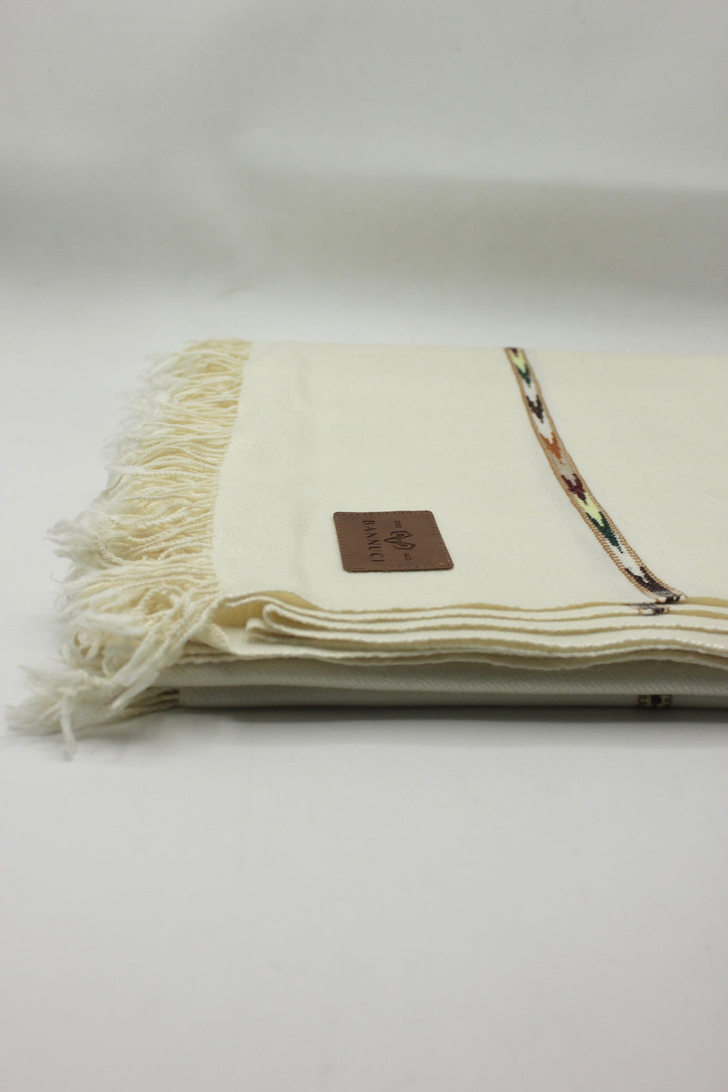 Premium Quality Off White Black Border Pure Woolen Shawl By Bannuci